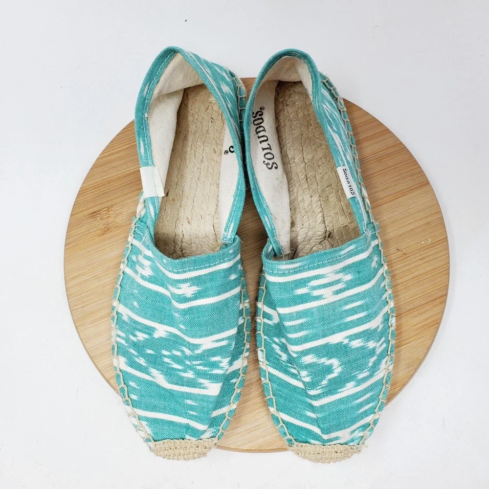 Soludos Espadrilles Womens 8.5 Blue Green Canvas Shoes Southwest Print Turquoise